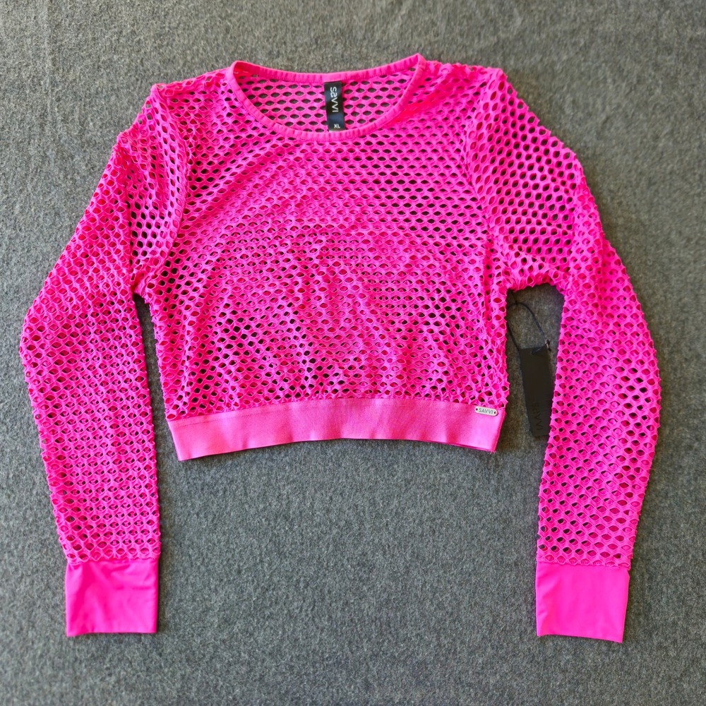 Savvi Hot Pink Fishnet Mesh Crop Top Long Sleeve Neon XL NWT - Picture 1 of 8